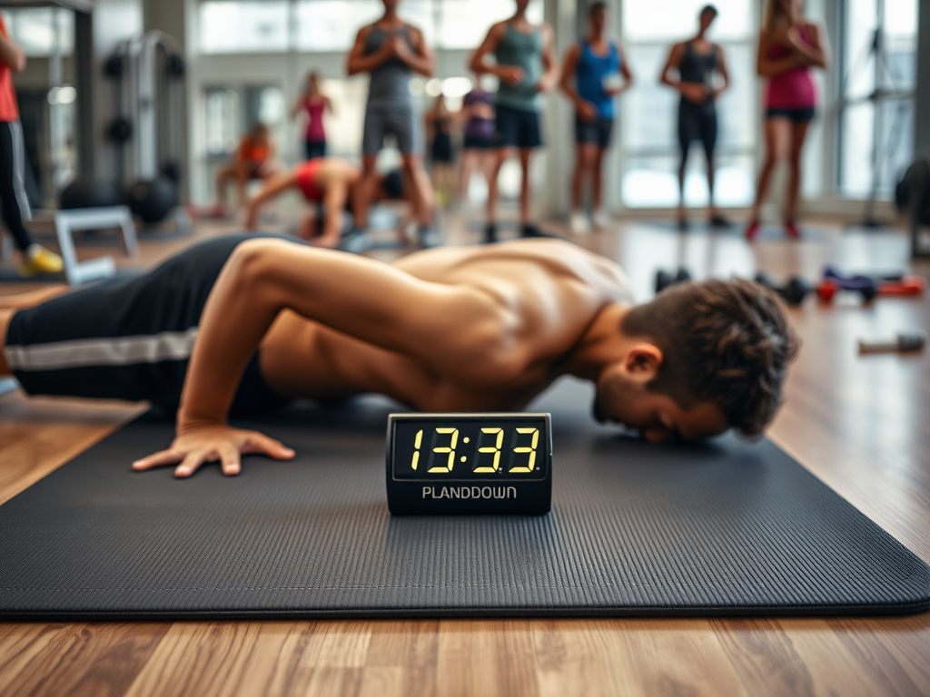 Спортсмен выполняет отжимания в тренажёрном зале, на часах время 13:33. В окружении другие занимающиеся.
